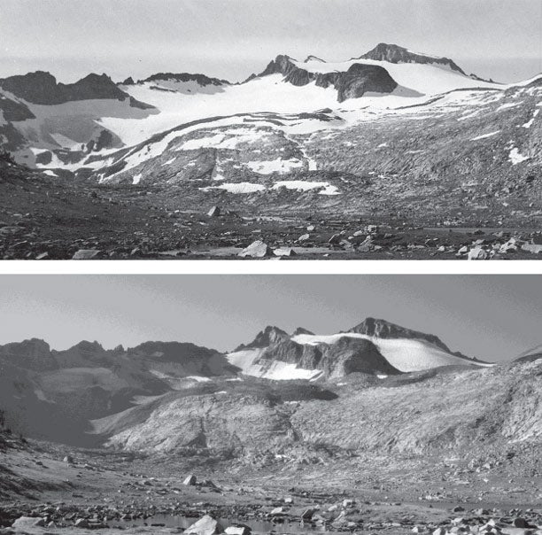 YO-LyleGlacier-comparison_NPSReport2015_612x604 Comparison of Lyell Glacier from 1883 (public domain) and 2015 (photo by Pete Devine) from Yosemite's Melting Glaciers U.S. Geological Report page 9…
