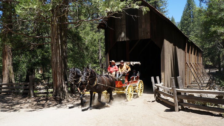Horse-drawn wagon emerging from the covered bridge at the Pioneer Yosemite History Center.