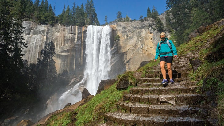 Hiking past Vernal Falls on the Mist Trail in Yosemite.