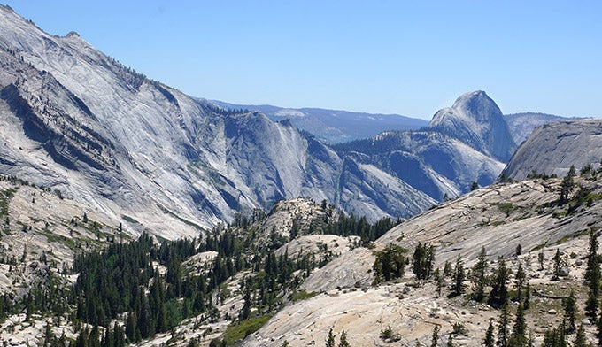 YT-Olmsted-Overlook4_Gloria_680 The view of Cloud's Rest (left) and Half Dome (right) from the overlook at the end of the short trail at Olmsted Point.