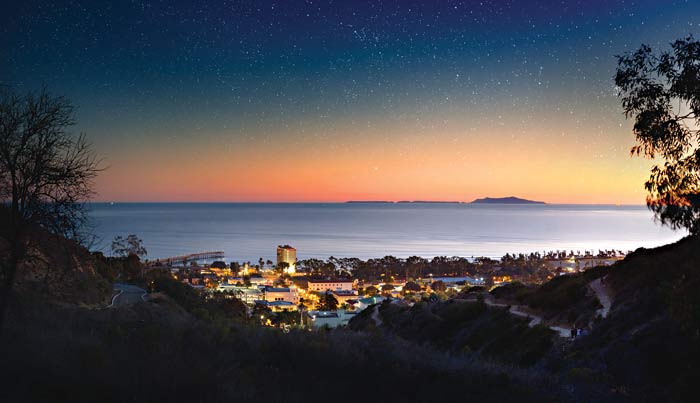 VenturaCountyCoast-Downtown_VisitVentura_700 Ventura, Calif. under the stars with Channel Islands National Park in the distance.