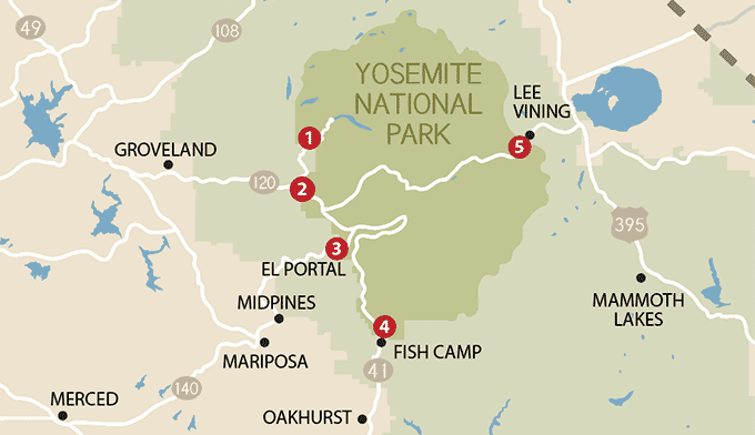 5 as principais entradas para o Parque Nacional de Yosemite
