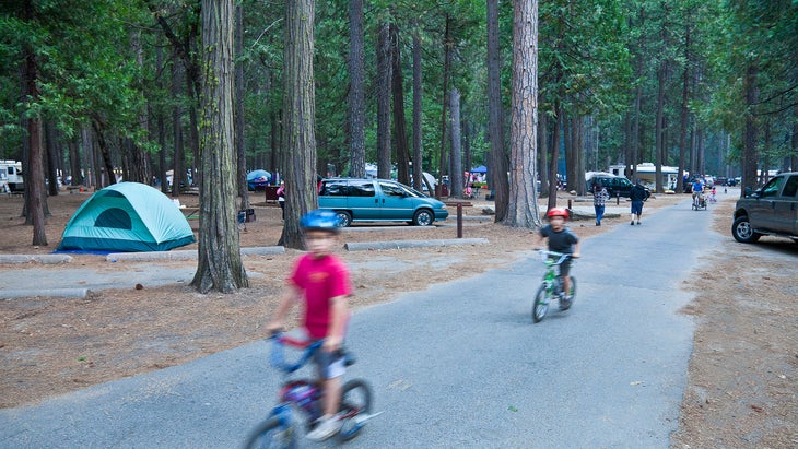 Kids bike in Yosemite's Upper Pines Campground