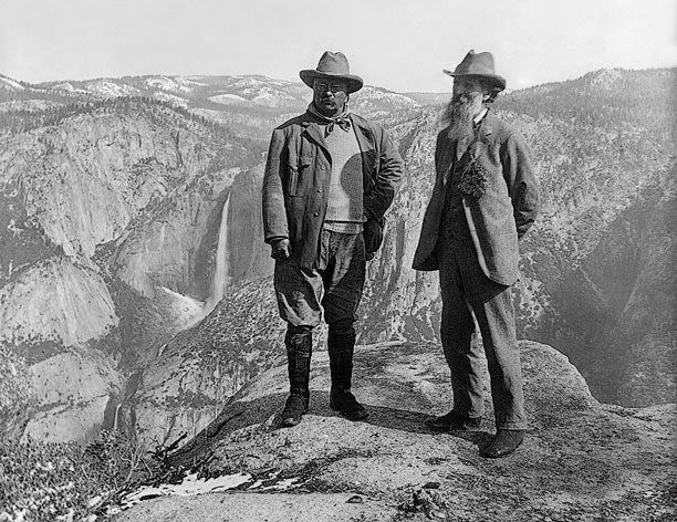 President Theodore Roosevelt (left) and John Muir (right) at Glacier Point overlooking Yosemite Valley.