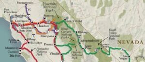 Overview map of road trips to Yosemite