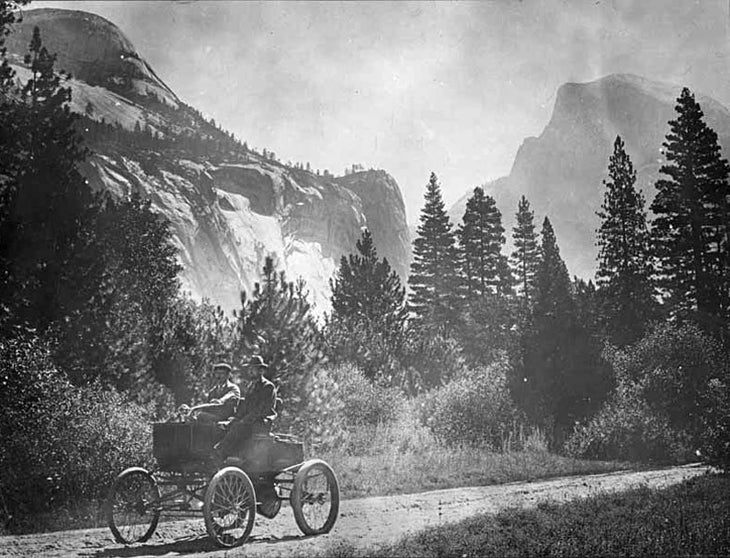 Brothers Arthur and Frank Holmes driving a Stanley Steamer in Yosemite Valley, July 26, 1900. It was the second auto to drive into the valley.