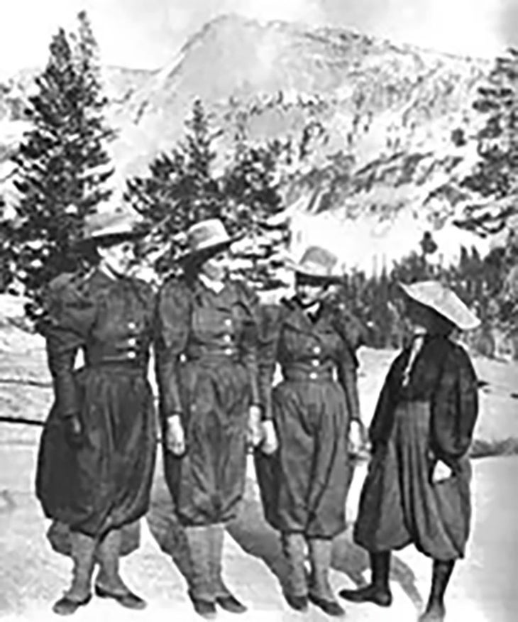 Sweet sisters Stella, Bertha and Mable plus their friend Maybell Davis wearing bloomer costumes in Yosemite, c1896